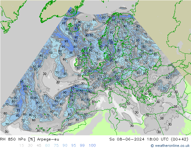 RH 850 hPa Arpege-eu So 08.06.2024 18 UTC