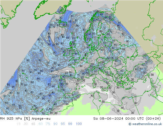 RH 925 hPa Arpege-eu Sa 08.06.2024 00 UTC