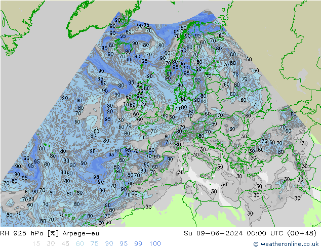 RH 925 hPa Arpege-eu Su 09.06.2024 00 UTC