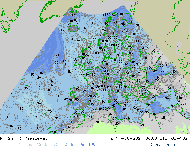 RH 2m Arpege-eu mar 11.06.2024 06 UTC