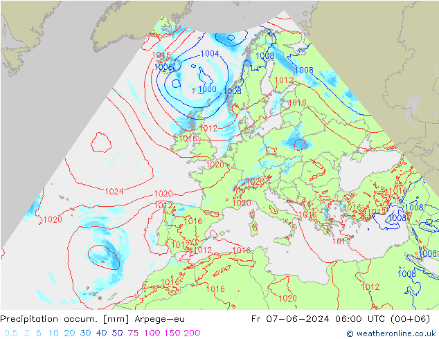 Precipitation accum. Arpege-eu 星期五 07.06.2024 06 UTC