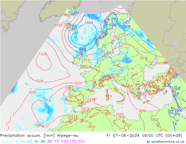 Precipitation accum. Arpege-eu Pá 07.06.2024 09 UTC