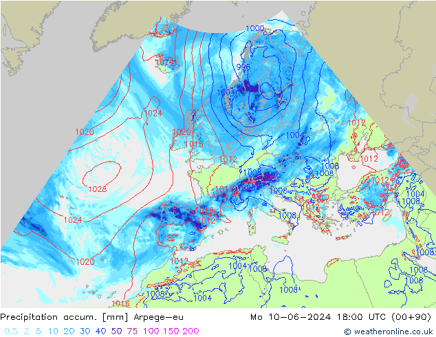 Toplam Yağış Arpege-eu Pzt 10.06.2024 18 UTC