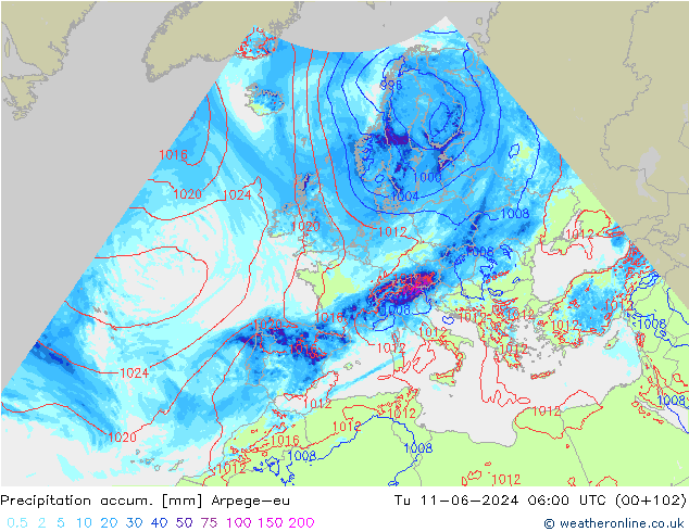 Precipitation accum. Arpege-eu Tu 11.06.2024 06 UTC