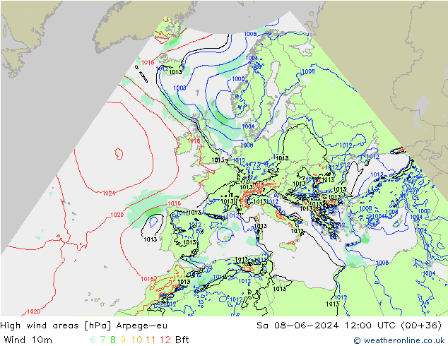 High wind areas Arpege-eu Sa 08.06.2024 12 UTC