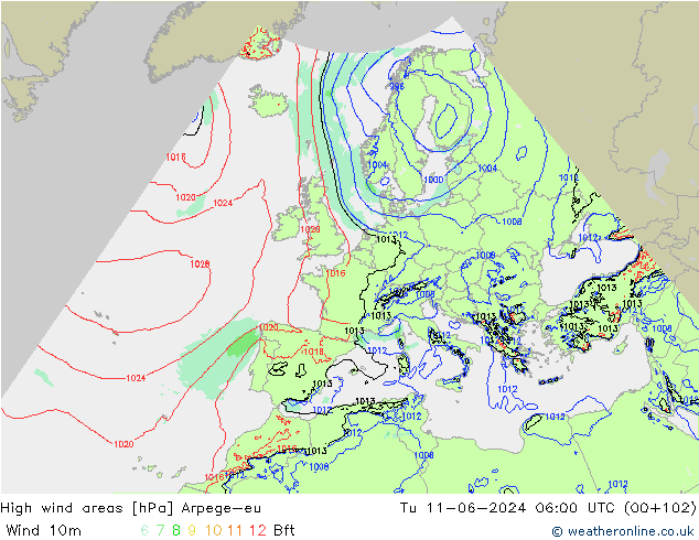 High wind areas Arpege-eu Tu 11.06.2024 06 UTC