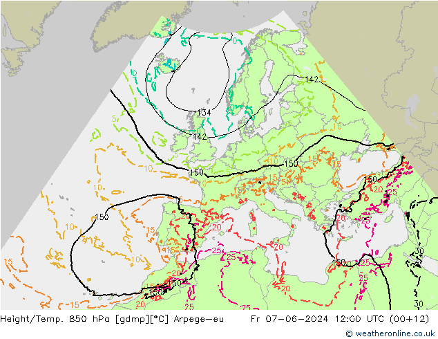 Hoogte/Temp. 850 hPa Arpege-eu vr 07.06.2024 12 UTC