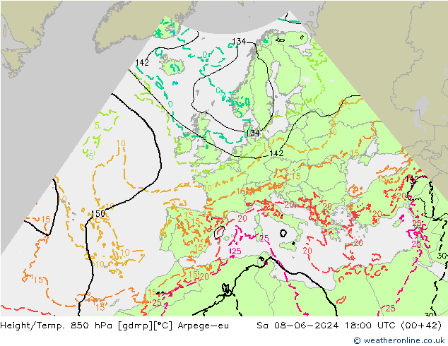 Height/Temp. 850 гПа Arpege-eu сб 08.06.2024 18 UTC