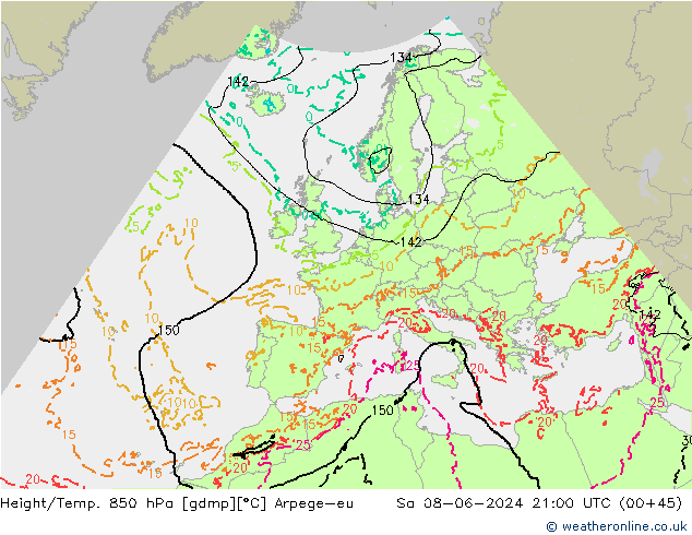 Height/Temp. 850 hPa Arpege-eu Sáb 08.06.2024 21 UTC