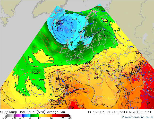 SLP/Temp. 850 hPa Arpege-eu vr 07.06.2024 06 UTC