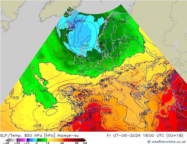 SLP/Temp. 850 hPa Arpege-eu Pá 07.06.2024 18 UTC