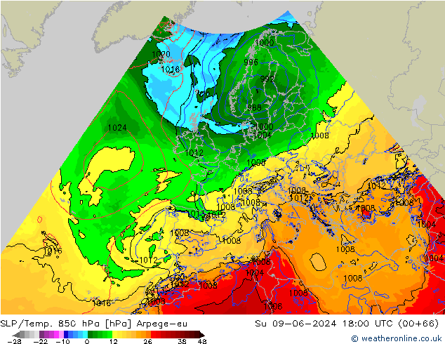 850 hPa Yer Bas./Sıc Arpege-eu Paz 09.06.2024 18 UTC