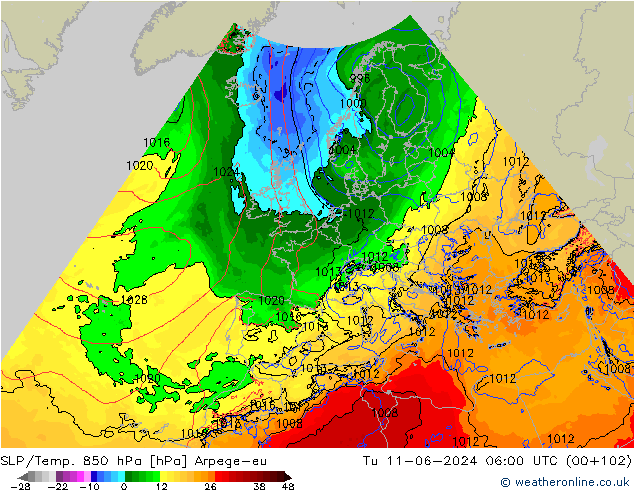 SLP/Temp. 850 hPa Arpege-eu Di 11.06.2024 06 UTC