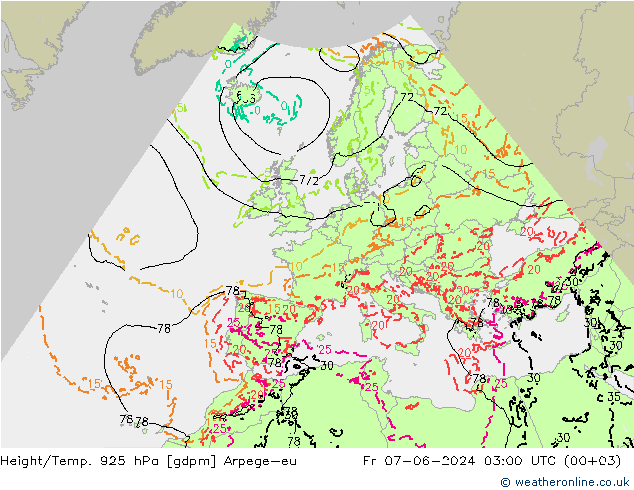 Geop./Temp. 925 hPa Arpege-eu vie 07.06.2024 03 UTC