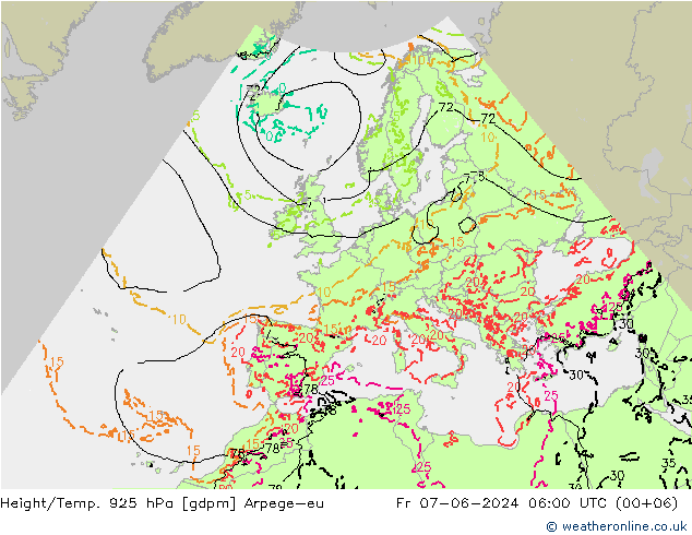 Geop./Temp. 925 hPa Arpege-eu vie 07.06.2024 06 UTC