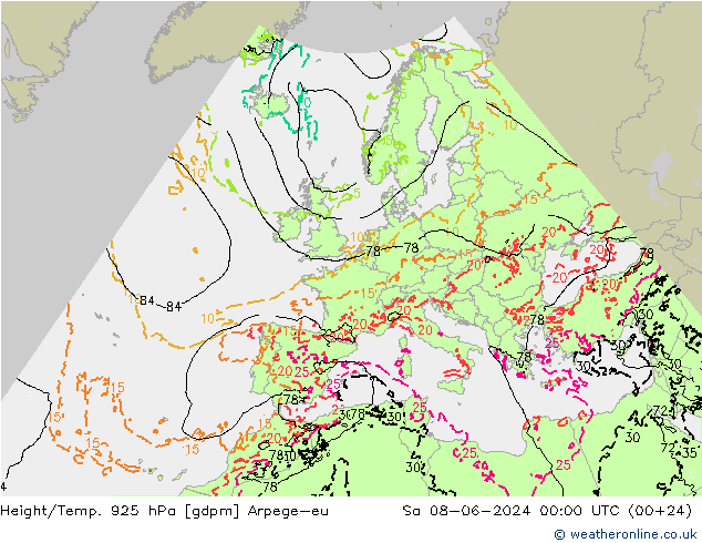 Height/Temp. 925 hPa Arpege-eu so. 08.06.2024 00 UTC