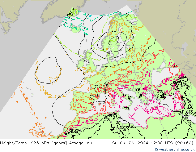 Hoogte/Temp. 925 hPa Arpege-eu zo 09.06.2024 12 UTC