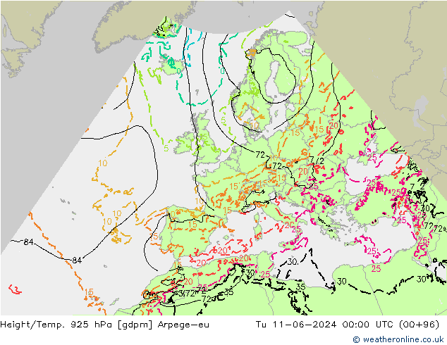 Hoogte/Temp. 925 hPa Arpege-eu di 11.06.2024 00 UTC