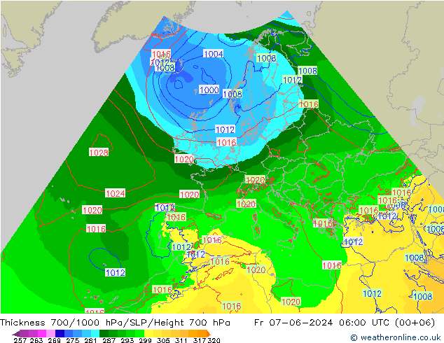 Espesor 700-1000 hPa Arpege-eu vie 07.06.2024 06 UTC