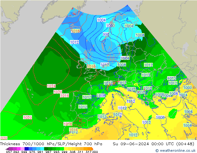 Schichtdicke 700-1000 hPa Arpege-eu So 09.06.2024 00 UTC