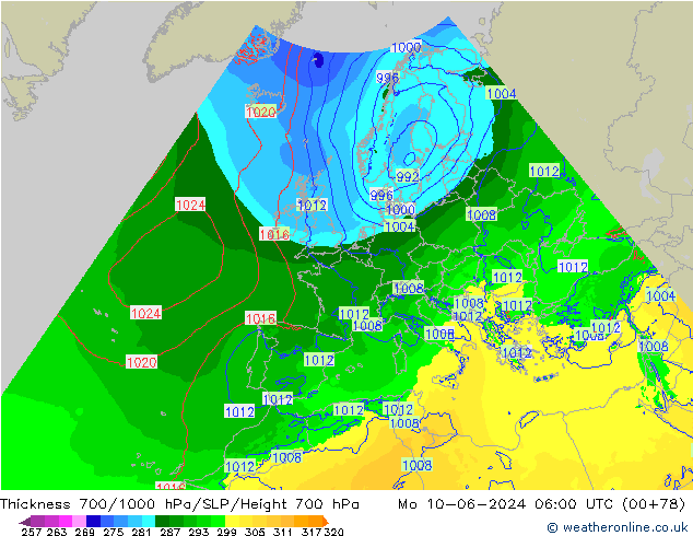 Dikte700-1000 hPa Arpege-eu ma 10.06.2024 06 UTC