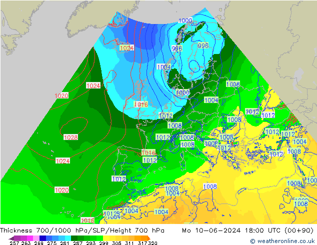 Schichtdicke 700-1000 hPa Arpege-eu Mo 10.06.2024 18 UTC