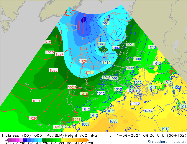 Thck 700-1000 hPa Arpege-eu wto. 11.06.2024 06 UTC