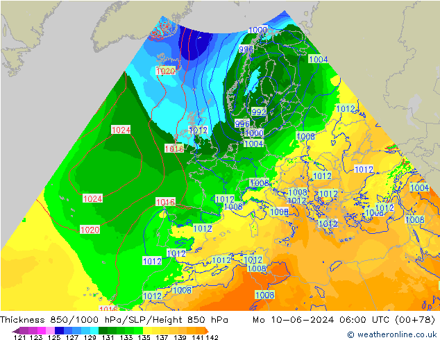 Dikte 850-1000 hPa Arpege-eu ma 10.06.2024 06 UTC