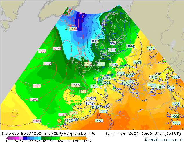 Thck 850-1000 hPa Arpege-eu Út 11.06.2024 00 UTC