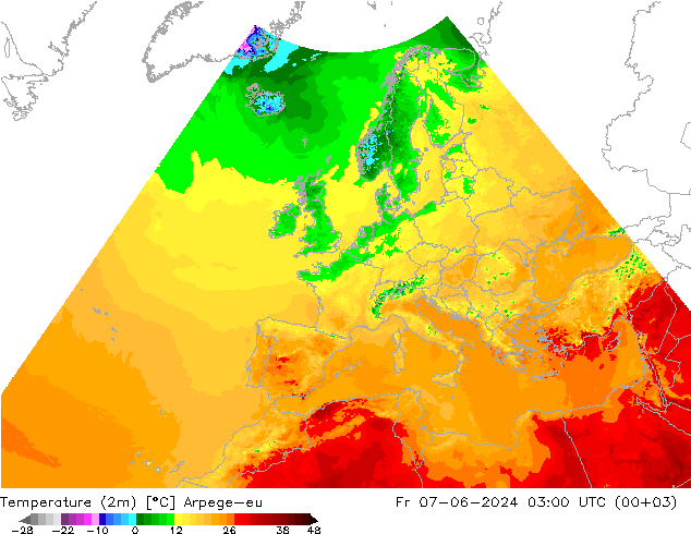 Temperatura (2m) Arpege-eu ven 07.06.2024 03 UTC