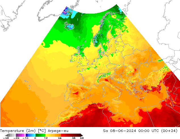 température (2m) Arpege-eu sam 08.06.2024 00 UTC