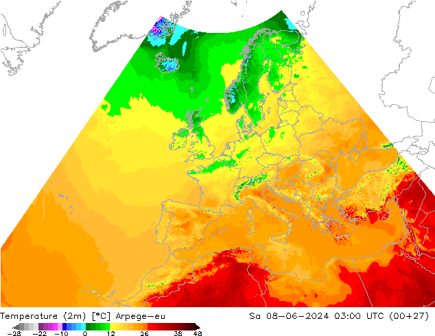 Temperature (2m) Arpege-eu Sa 08.06.2024 03 UTC