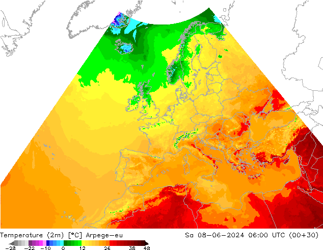 карта температуры Arpege-eu сб 08.06.2024 06 UTC