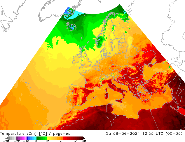 Temperature (2m) Arpege-eu Sa 08.06.2024 12 UTC