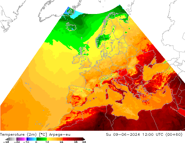 Temperatuurkaart (2m) Arpege-eu zo 09.06.2024 12 UTC