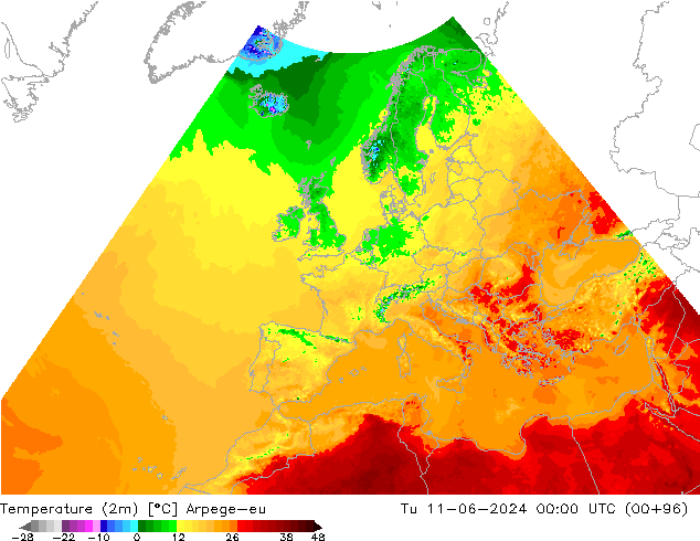 Temperatuurkaart (2m) Arpege-eu di 11.06.2024 00 UTC