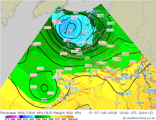 Schichtdicke 500-1000 hPa Arpege-eu Fr 07.06.2024 12 UTC