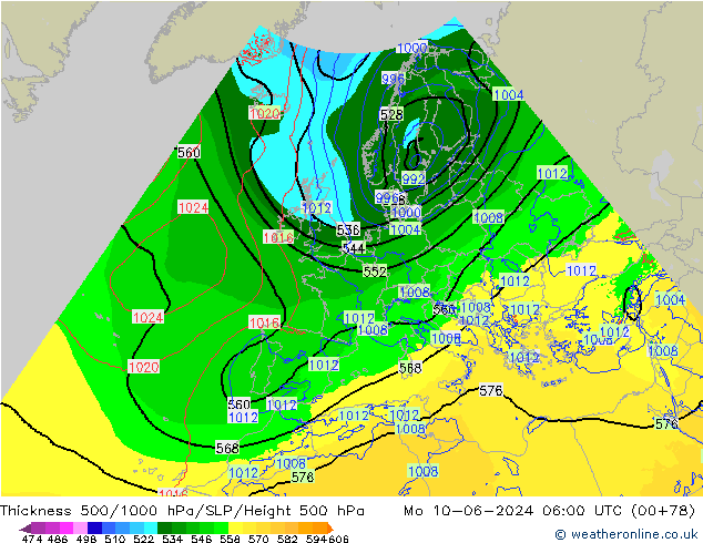 Dikte 500-1000hPa Arpege-eu ma 10.06.2024 06 UTC