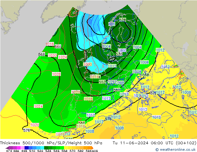 Dikte 500-1000hPa Arpege-eu di 11.06.2024 06 UTC