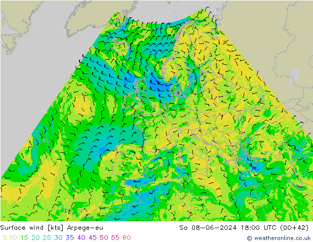 wiatr 10 m Arpege-eu so. 08.06.2024 18 UTC