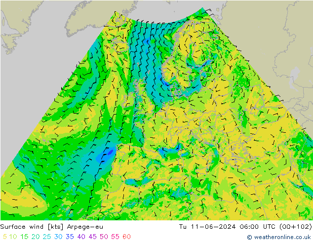 Wind 10 m Arpege-eu di 11.06.2024 06 UTC