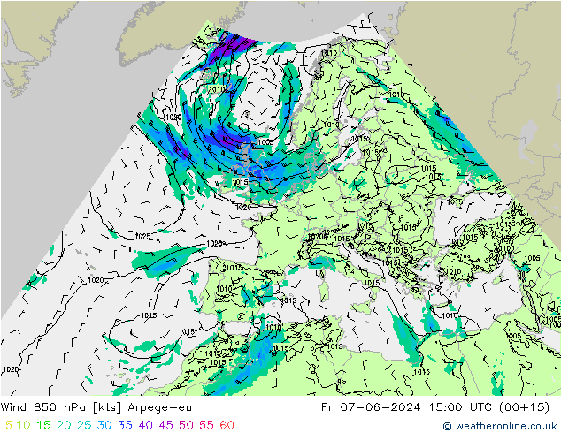 Wind 850 hPa Arpege-eu Fr 07.06.2024 15 UTC