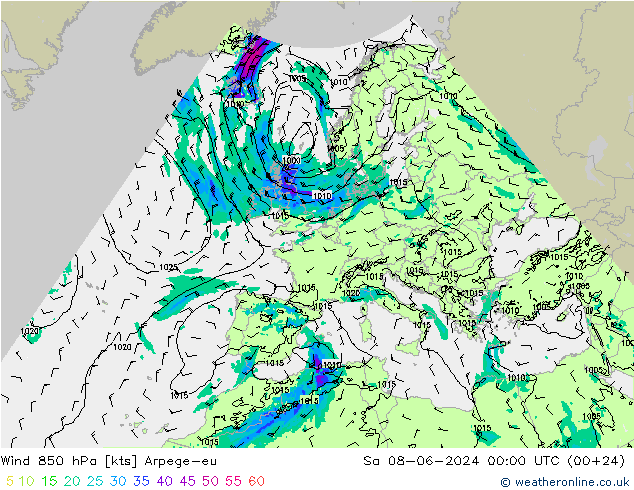 Wind 850 hPa Arpege-eu Sa 08.06.2024 00 UTC