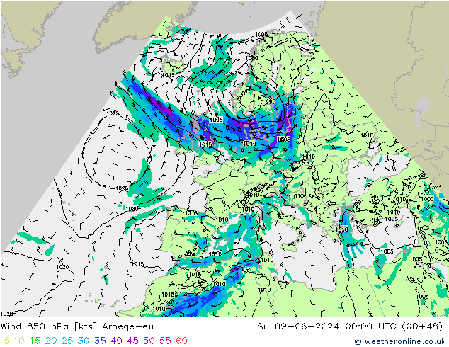 Wind 850 hPa Arpege-eu zo 09.06.2024 00 UTC