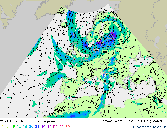 Wind 850 hPa Arpege-eu Mo 10.06.2024 06 UTC