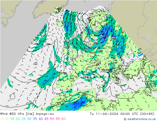 wiatr 850 hPa Arpege-eu wto. 11.06.2024 00 UTC