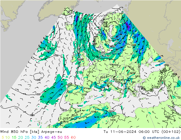 Wind 850 hPa Arpege-eu di 11.06.2024 06 UTC