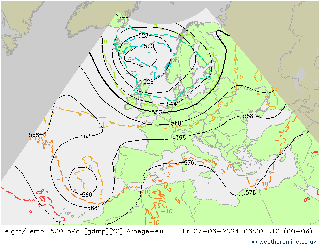 Height/Temp. 500 hPa Arpege-eu 星期五 07.06.2024 06 UTC