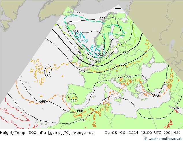 Height/Temp. 500 hPa Arpege-eu Sa 08.06.2024 18 UTC