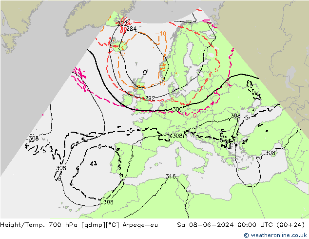 Height/Temp. 700 hPa Arpege-eu Sa 08.06.2024 00 UTC